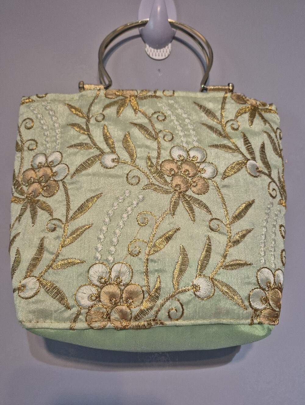 Embroidered Evening Clutch in Sage Green with Gold Accents